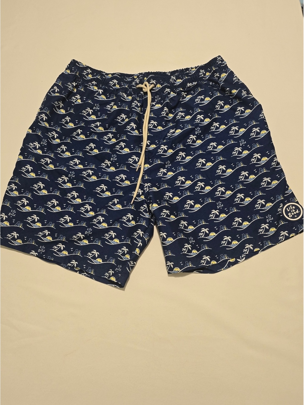 Life is Good Men's Large Navy Blue Swim Trunks with Island Print